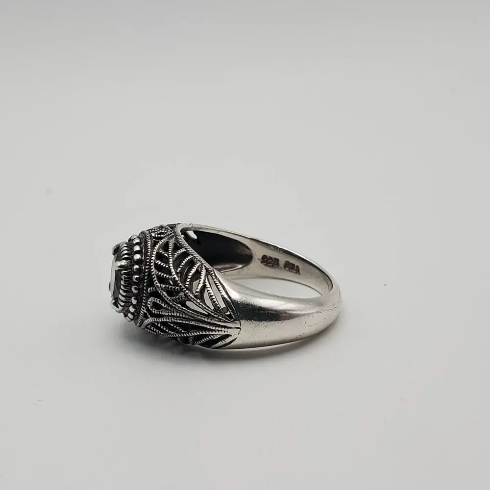 Vintage Designer 925 Sterling Silver Peridot Filigree Deco Band Ring Size 6